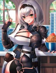  absurdres armor black_gloves blush bowl breasts chest_belt chopsticks cleavage crossed_legs dress female fingerless_gloves gloves green_eyes grey_hair highres holding holding_bowl holding_chopsticks hololive kangaruu_(momotk1109) large_breasts looking_at_viewer mole mole_on_breast shirogane_noel shirogane_noel_(1st_costume) short_hair smile solo tongue tongue_out virtual_youtuber white_dress 