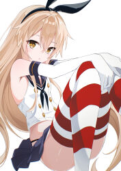  black_hairband black_neckerchief black_panties blonde_hair commentary elbow_gloves fathom female gloves hairband hands_on_own_knees highleg highleg_panties highres horizontal-striped_thighhighs kantai_collection knees_up long_hair looking_at_viewer microskirt neckerchief panties sailor_collar school_uniform serafuku shimakaze_(kancolle) shirt simple_background skirt sleeveless sleeveless_shirt solo striped_clothes striped_thighhighs thighhighs thong underwear white_background white_gloves white_shirt yellow_eyes 