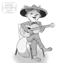  anthro canid canine disney fox guitar hatakeclarissarts hi_res inktober inktober_2024 male male/male mammal mariachi mariachi_suit musical_instrument nationality nick_wilde plucked_string_instrument solo string_instrument zootopia 