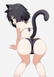  all_fours animal_ear_fluff animal_ears ass bikini black_bikini black_hair cat_ears cat_girl cat_tail feet_out_of_frame female fran_(tensei_shitara_ken_deshita) from_behind highres looking_at_viewer looking_back mikoscrub oerba_yun_fang open_mouth short_hair simple_background swimsuit tail tensei_shitara_ken_deshita white_background 