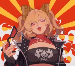  absurdres black_jacket blonde_hair breasts burnice_white cleavage female gloves highres hoyolab_username jacket looking_at_viewer mararu open_mouth red_eyes short_twintails small_breasts smile solo sunglasses teeth tinted_eyewear tongue twintails unworn_eyewear upper_body upper_teeth_only zenless_zone_zero 