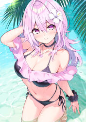  arm_up bikini black_bikini black_choker black_scrunchie blush breasts caustics choker closed_mouth commentary_request day earrings female flower flower_earrings flower_necklace hair_between_eyes hair_flower hair_ornament hibiscus highres hisen_kaede huge_breasts jewelry long_hair looking_at_viewer navel original outdoors palm_tree pink_eyes pink_flower scrunchie side-tie_bikini_bottom smile solo stomach swimsuit thighs toes tree wrist_scrunchie 