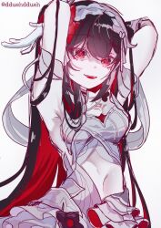  armpits arms_up black_hair breasts cleavage clothing_cutout colored_inner_hair commentary_request dduehddueh dress female hair_ornament hands_in_hair highres honkai_(series) honkai_impact_3rd korean_commentary long_hair looking_at_viewer mixed-language_commentary multicolored_hair navel open_mouth partial_commentary red_eyes red_hair seele_(alter_ego) seele_vollerei seele_vollerei_(herrscher_of_rebirth) seele_vollerei_(starchasm_nyx) simple_background solo stomach_cutout strapless strapless_dress twitter_username two-tone_hair very_long_hair white_background 