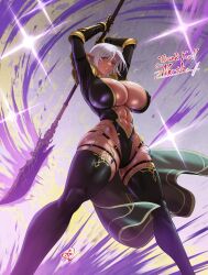  abs arms_up black_thighhighs breasts commentary_request commission dark-skinned_female dark_elf dark_skin elf feet_out_of_frame female floating_clothes floating_hair from_below fujii_eishun gauntlets glaive_(polearm) grey_hair grin hair_between_eyes highres holding holding_polearm holding_weapon large_breasts legs_apart long_pointy_ears looking_at_viewer muscular muscular_female navel o-ring original pointy_ears polearm purple_eyes red_lips revealing_clothes short_hair signature skeb_commission smile solo standing thank_you thigh_strap thighhighs weapon 