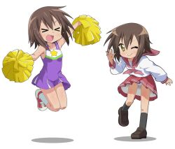  &gt;_&lt; :d armpits bare_shoulders blush breasts brown_hair cheering cheerleader closed_mouth collarbone collared_shirt dark-skinned_female dark_skin dress dress_shirt drop_shadow excited female green_trim hair_between_eyes hand_up holding holding_pom_poms jumping ki_(adotadot) kusakabe_misao looking_at_viewer lucky_star multiple_views neckerchief oerba_yun_fang one_eye_closed open_mouth panties pantyshot pink_footwear pink_neckerchief pink_sailor_collar pink_skirt pleated_skirt pom_pom_(cheerleading) print_dress purple_dress raised_eyebrows running ryouou_school_uniform sailor_collar school_uniform shirt shoes short_hair skirt sleeveless sleeveless_dress small_breasts smile sneakers socks solo_focus standing star_(symbol) underwear v-shaped_eyebrows waving white_background white_dress white_panties white_shirt white_socks white_trim yellow_eyes 