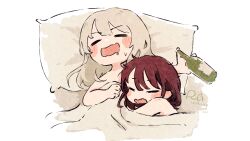  2girls absurdres blush bottle closed_eyes commentary cuddling dated drooling girls_band_cry grey_hair highres iseri_nina kawaragi_momoka long_hair multiple_girls nude on_bed open_mouth pillow red_hair rnna sleeping sweatdrop under_covers yuri 