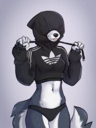  2024 5_fingers anthro black_clothing black_nose black_panties black_underwear blep canid canine canis clothing countershade_torso countershading covered_eyes cropped_hoodie digital_drawing_(artwork) digital_media_(artwork) female fingers fur hi_res mammal midriff navel panties pink_tongue portrait simple_background solo tail three-quarter_portrait tongue tongue_out underwear white_body white_fur wolf yshanii 