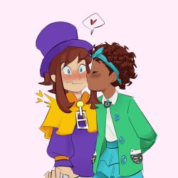  2girls a_hat_in_time arm_behind_back blue_bow blue_eyes blue_hairband blue_skirt blush bow bow_hairband bow_kid brown_hair buttons capelet closed_eyes closed_mouth commentary curly_hair dark-skinned_female dark_skin english_commentary green_jacket hairband hat hat_kid heart highres jacket kissing kissing_cheek kudo_nguyen long_sleeves multiple_girls ponytail purple_hat purple_jacket shirt sidelocks simple_background skirt speech_bubble surprised top_hat upper_body wavy_mouth white_shirt yellow_capelet yuri zipper_pull_tab 