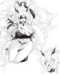  absurdres again_(depr4447) azur_lane barefoot black_dress blush breasts cleavage dress eye_mask facing_viewer fancy_(azur_lane) fangs female greyscale highres huge_breasts long_hair looking_at_viewer masked monochrome navel solo stomach suction_cups tentacle tentacle_mouth toes tongue tongue_out torn_clothes torn_dress very_long_hair 