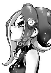  agent_8_(splatoon) arm_at_side bare_shoulders breasts female from_side highres koharu2.5 looking_up monochrome octoling octoling_girl octoling_player_character sidelocks simple_background skin_tight sleeveless small_breasts splatoon_(series) tentacle_hair upper_body white_background zipper 