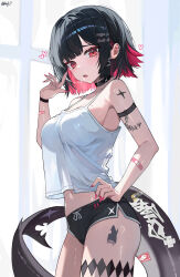  absurdres arm_belt arm_tattoo artist_name bandaid bandaid_on_arm bandaid_on_tail black_hair black_shorts black_wristband blush breasts dolphin_shorts ear_piercing ellen_joe female fingernails fins fish_tail hair_ornament hairclip heart highres kkato large_breasts leg_tattoo looking_at_viewer medium_hair mole mole_on_breast mole_under_eye nail_polish navel open_mouth piercing pink_hair pink_nails razor_blade_hair_ornament saliva saliva_trail see-through_silhouette shark_tail sharp_fingernails sharp_teeth shorts solo stomach tail tail_tattoo tank_top tattoo teeth thighs upper_teeth_only white_tank_top zenless_zone_zero 