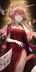  absurdres aru_(blue_archive) aru_(dress)_(blue_archive) blue_archive blurry blurry_foreground breasts cleavage coat commentary_request dixo_(user_srff3835) dress female halo highres large_breasts long_hair looking_at_viewer pink_eyes pink_hair pink_halo red_coat red_dress smile solo thighs 