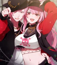  1boy breasts female genderswap_(ftm) hololive hololive_english long_hair mori_calliope mori_calliope_(streetwear) mosuke_(nicoseiga_131387449) navel pink_eyes pink_hair rule_63 skull_print smile 