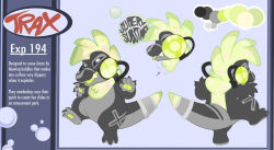  2023 4_fingers alien ambiguous_gender anthro appellemoigreuh biped bubble character_name claws color_swatch directional_arrow disney english_text experiment_(lilo_and_stitch) fan_character finger_claws fingers flat_colors green_hair green_mouth green_pawpads green_tongue grey_body grey_eyes hair leg_markings lilo_and_stitch markings model_sheet mohawk multicolored_body pawpads simple_background solo text tongue trax_(appellemoigreuh) x_marking 