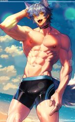  1boy abs absurdres amarimari1092 animal_ears arm_up armpits beach black_choker black_male_swimwear blue_hair choker fangs fox_boy fox_ears fox_tail highres indie_virtual_youtuber lucis_custos male_focus male_swimwear multicolored_hair muscular muscular_male navel nipples ocean open_mouth second-party_source short_hair smile solo stomach tail teeth topless_male virtual_youtuber yellow_eyes 