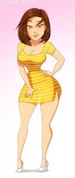  1girls bee_movie bob_cut brown_hair cleavage high_heels strike-force striped_dress vanessa_bloome yellow_dress yellow_eyes 