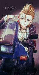  absurdres breasts brown_hair chain_necklace chains cleavage closed_mouth earrings female green_eyes hair_between_eyes hand_up highres idolmaster idolmaster_cinderella_girls jacket jewelry kimura_natsuki kumatsuki_(no-kirin) leather leather_jacket long_sleeves looking_at_viewer motor_vehicle motorcycle multiple_rings necklace on_motorcycle open_clothes open_jacket petals ring rose_petals short_hair sitting solo 