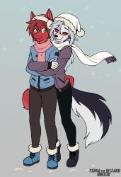  2025 5_fingers andromorph_(lore) anthro artist_name biped black_boots black_clothing black_footwear black_leggings black_legwear black_nose blue_boots blue_clothing blue_footwear blue_jacket blue_topwear blush boots bottomwear brown_clothing brown_leggings brown_legwear canid canid_demon canine canis canon_x_oc cheek_tuft clothed clothing cold countershade_face countershade_fur countershade_neck countershade_tail countershading dated demon digital_drawing_(artwork) digital_media_(artwork) dragon duo earmuffs eye_contact eyebrow_through_hair eyebrows eyelashes facial_tuft female femboy fingers flat_colors flesh_fang fluffy fluffy_tail footwear front_view fully_clothed fur fur_trim fur_trim_boots fur_trim_hat fur_trim_headwear furred_dragon furred_scalie green_eyes grey_background grey_body grey_fur grey_hair hair hat headgear headwear hellaverse hellhound helluva_boss hi_res hug hugging_another hugging_from_behind hybrid inner_ear_fluff jacket leggings legwear looking_at_another looking_at_partner loona_(helluva_boss) male male/female mammal multicolored_body multicolored_fur mythological_canine mythological_creature mythological_scalie mythology outside pants pink_scarf plantigrade pockets pointy_ears prick_ears pupils purple_clothing purple_jacket purple_topwear red_body red_countershading red_fur red_hair red_sclera romantic romantic_couple scalie scarf shoes short_hair simple_background slit_pupils smile snout snow snowing standing tail tail_around_partner tapering_tail terra_(terrathewizard) terrathewizard text topwear translucent translucent_hair tuft white_body white_earmuffs white_eyes white_fur white_scarf wingless_dragon winter wolf 