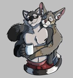  anthro anthro_on_anthro bassariscus black_nose bottomwear clint_(echo) clothed clothing coffee_mug duo echo_(game) echo_(series) echo_project fur grey_body grey_fur hi_res hug hugging_another hugging_from_behind kudzu_tengwan male male/male mammal markings navel nipples procyonid raccoon ring-tailed_cat ring_(marking) ringed_tail shorts smile striped_markings striped_tail stripes tail tail_markings topless topless_anthro topless_male unsafescapewolf 