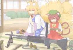  2girls :d ^^^ ammunition ammunition_belt animal_ears blonde_hair bow bowl brown_hair bullet cat_ears cat_tail chen commentary_request cube85 cup eating explosive food fox_ears fox_tail grenade gun gun_sling hat helmet m60 machine_gun military mortar_shell multiple_girls multiple_tails open_mouth senbei short_hair smile surprised tail touhou weapon yakumo_ran 