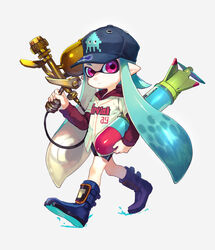  aerospray_(splatoon) aqua_hair bad_id bad_pixiv_id baseball_cap baseball_uniform bike_shorts black_shorts blue_footwear boots closed_mouth female full_body grey_background hat holding holding_weapon hood hoodie hou_(ppo) inkling inkling_girl inkling_player_character inkstrike_(splatoon) layered_sleeves long_hair long_sleeves looking_at_viewer photoshop_(medium) pointy_ears purple_eyes shirt short_over_long_sleeves short_sleeves shorts single_vertical_stripe solo splatoon_(series) sportswear standing tentacle_hair walking weapon white_shirt 