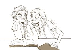  2girls anna_(frozen) braid commentary_request contemporary elsa_(frozen) eye_contact frozen_(disney) looking_at_another mataetae monochrome multiple_girls notebook pencil siblings sisters smirk studying table yuri 