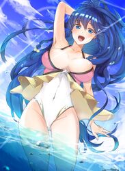  alternate_costume arm_behind_head armpits bare_shoulders blue_eyes blue_hair blue_sky blush braid breasts cleavage cloud collarbone commentary dark_blue_hair day female fire_emblem fire_emblem:_the_sacred_stones fire_emblem_heroes highres large_breasts light long_hair looking_at_viewer nekolook open_mouth ponytail side_braid sky solo swimsuit tana_(fire_emblem) tana_(summer)_(fire_emblem) thighs twin_braids wading water_drop 