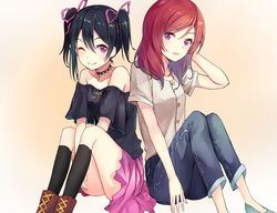  2girls ;) alternate_eye_color arms_between_legs bad_id bad_pixiv_id black_choker black_hair black_legwear black_shirt boots casual choker collarbone denim hair_ribbon hand_on_own_head highres jeans kneehighs knees_up looking_at_viewer love_live! love_live!_school_idol_project medium_hair multiple_girls nishikino_maki off-shoulder_shirt off_shoulder one_eye_closed pants pink_skirt purple_eyes purple_ribbon ranmaruuuu00 red_hair ribbon shirt short_sleeves sitting skirt smile socks spiked_choker spikes twintails white_shirt yazawa_nico 