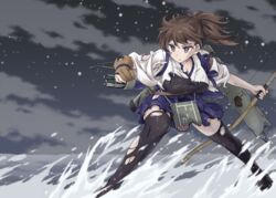  &gt;:( arrow_(projectile) black_thighhighs bow_(weapon) breasts brown_eyes brown_hair cleavage cloud cloudy_sky commentary_request female flight_deck frown hakama hakama_short_skirt hakama_skirt holding horizon japanese_clothes kaga_(kancolle) kantai_collection large_breasts leaning_forward long_hair machinery meme muneate night night_sky ocean pleated_skirt rigging side_ponytail skirt sky solo tasuki thighhighs torn_clothes v-shaped_eyebrows waterskiing_(meme) weapon wind yukiharu zettai_ryouiki 