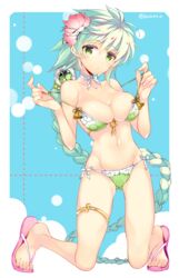  alternate_costume ariko_youichi ass_visible_through_thighs bare_shoulders bikini braid breasts cleavage collarbone commentary_request feet female flip-flops flower front-tie_top full_body green_bikini green_eyes green_hair groin hair_flower hair_ornament kantai_collection kneeling large_breasts long_hair navel sandals side-tie_bikini_bottom single_braid solo strap_pull swimsuit tassel thighlet twitter_username unryuu_(kancolle) very_long_hair 