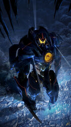  arm_blade commentary_request flashlight gipsy_danger glowing highres jaeger_(pacific_rim) mecha military military_vehicle no_humans pacific_rim photoshop_(medium) robot science_fiction solo tommaso_renieri underwater weapon 