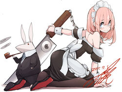  animal black_legwear blue_eyes chains clothed_animal collar commentary_request dated female formal knife looking_at_viewer maid maid_headdress original photoshop_(medium) pink_hair rabbit signature smile smoke smoking_pipe suit takagi_(tansuke) tansuke wrist_cuffs 