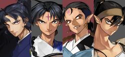  4boys bad_id bad_pixiv_id bankotsu_(inuyasha) black_hair blue_eyes column_lineup demon_boy earrings eyeshadow facial_mark forehead_mark grin hair_between_eyes headband hiten inuyasha jewelry kouga_(inuyasha) long_hair makeup multiple_boys mumu2126 naraku_(inuyasha) pointy_ears red_eyes smile smirk 