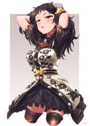  absurdres arms_behind_head black_thighhighs breasts brooch brown_hair commentary cowboy_shot cropped_legs female flower grey_background half-closed_eyes hands_up hat highres idolmaster idolmaster_million_live! jewelry kitazawa_shiho long_hair looking_at_viewer medium_breasts mini_hat moment_(moment_607) puffy_short_sleeves puffy_sleeves rose short_sleeves signature simple_background skirt solo sweat thighhighs top_hat two-tone_background white_background yellow_eyes 