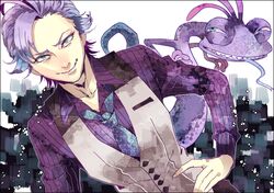  1boy bad_id bad_pixiv_id fangs gashima411 green_eyes grin hands_on_own_hips lizard_tail monsters_inc. necktie personification purple_hair randall_boggs sharp_teeth slit_pupils smile tail teeth vest 