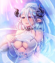  arm_behind_back bare_shoulders blue_hair bow_(bhp) breasts cleavage clothing_cutout commentary_request draph female flower granblue_fantasy hair_flower hair_ornament horns izmir izmir_(summer)_(granblue_fantasy) large_breasts long_hair mole mole_under_mouth navel official_alternate_costume pointy_ears red_eyes smile solo underboob underboob_cutout very_long_hair 