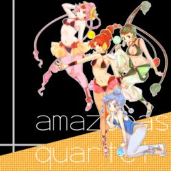  4girls :d amazons_quartet bad_id bad_pixiv_id bishoujo_senshi_sailor_moon bishoujo_senshi_sailor_moon_supers blue_eyes blue_hair blue_leotard bow breasts cerecere_(sailor_moon) choker cleavage commentary_request earrings facial_mark forehead_mark green_eyes green_hair hair_ribbon hair_rings hair_tubes highres ice_(aitsugai) jewelry junjun_(sailor_moon) leotard long_hair medium_breasts midriff multi-tied_hair multiple_girls open_mouth orb pallapalla_(sailor_moon) pink_eyes pink_hair red_eyes red_hair ribbon sandals see-through short_hair small_breasts smile twintails very_long_hair vesves_(sailor_moon) yellow_bow 