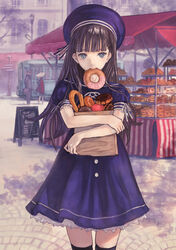  bag black_hair black_thighhighs blue_dress blue_eyes blunt_bangs blurry city cityscape commentary cowboy_shot depth_of_field doughnut dress english_text female food hat highres holding kaoming long_hair looking_at_viewer mouth_hold original outdoors paper_bag pavement photoshop_(medium) pork_pie_sailor_hat puffy_short_sleeves puffy_sleeves purple_hair road sailor_hat scenery sett short_sleeves sign sprinkles street streetcar thighhighs zettai_ryouiki 