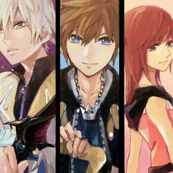  2boys blue_eyes brown_hair chain_necklace chains closed_mouth commentary_request female fingerless_gloves gloves green_eyes holding holding_weapon jewelry kairi_(kingdom_hearts) keyblade kingdom_hearts kingdom_hearts_ii kingdom_key long_hair looking_at_viewer multiple_boys necklace purple_eyes ramochi_(auti) red_hair riku_(kingdom_hearts) short_hair smile sora_(kingdom_hearts) spiked_hair way_to_the_dawn weapon white_hair zipper zipper_pull_tab 