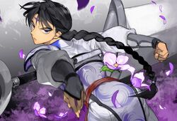  1boy bankotsu_(inuyasha) black_hair blue_eyes braid commentary_request eyeshadow facial_mark flower forehead_mark inuyasha long_hair long_sleeves looking_at_viewer looking_back makeup male_focus mumu2126 outstretched_arms oversized_object partial_commentary petals puffy_long_sleeves puffy_sleeves single_braid solo sword very_long_hair weapon 