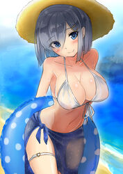  armpits arms_behind_back beach bikini bikini_top_only blue_hair blue_sarong blush breasts brown_hat cleavage closed_mouth collarbone commentary_request eyes_visible_through_hair female front-tie_top grey_hair hair_ornament hair_over_one_eye hairclip hamakaze_(kancolle) hat head_tilt heart holding holding_behind_back innertube kantai_collection large_breasts looking_at_viewer navel no_panties ocean outdoors polka_dot polka_dot_innertube polka_dot_sarong sand sarong see-through see-through_sarong shore short_hair side-tie_bikini_bottom sin_(kami148) smile solo straw_hat swim_ring swimsuit thigh_strap water water_drop wet white_bikini 