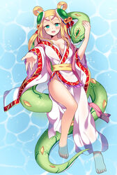  aqua_eyes barefoot blonde_hair blush breasts commentary_request dress female hair_ornament hair_ribbon kaki_s looking_at_viewer medium_breasts meimei_(p&amp;d) open_mouth photoshop_(medium) puzzle_&amp;_dragons ribbon smile snake solo turtle_shell 