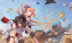  &gt;_&lt; 3girls 6+others ahoge aircraft animal ass_visible_through_thighs assault_rifle asymmetrical_legwear bag battle_rifle battlefield black_panties black_ribbon black_skirt blonde_hair blue_eyes bow box bra braid breasts choker cloud commentary convenient_censoring day dress english_commentary explosion fal_(girls&#039;_frontline) ferret fire five-seven_(girls&#039;_frontline) flower fn_fal fnp-9_(girls&#039;_frontline) frilled_choker frills girls&#039;_frontline gloves gun hair_flower hair_ornament hair_ribbon handbag hat helicopter highres holding holding_gun holding_weapon house jay_xu lace lace-trimmed_bra lace-trimmed_dress lace_trim large_breasts long_hair magazine_(weapon) military_hat motion_blur multiple_girls multiple_others oerba_yun_fang off_shoulder open_mouth panties pantyshot parachute pink_hair ponytail pouch propeller reaching reaching_towards_viewer red_scarf ribbon rifle sand scarf scope side_ponytail silhouette single_thighhigh skin_fang skirt sky smoke sweat thigh_pouch thigh_strap thighhighs thighs trigger_discipline underwear uneven_legwear very_long_hair water_tank water_tower weapon white_gloves white_hair wind wind_lift 