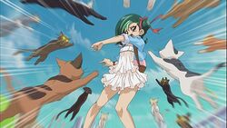  bare_legs dress feline female female green_hair jumping mizuki_kotori_(yuu-gi-ou_zexal) scared screencap sky strike yu-gi-oh! yuu-gi-ou_zexal 