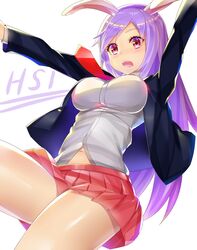  animal_ears ashu blush breasts character_name commentary_request cookie_(touhou) female highres hisui_(cookie) large_breasts long_hair long_sleeves looking_at_viewer midriff_peek navel necktie open_mouth purple_eyes purple_hair rabbit_ears red_necktie red_skirt reisen_udongein_inaba skirt solo teeth thighs touhou 