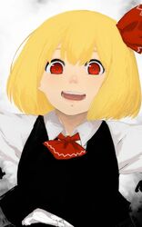  ascot black_vest blonde_hair bow commentary_request female gradient_background grey_background hair_between_eyes hairbow highres lips long_sleeves looking_at_viewer open_mouth outstretched_arms red_eyes rumia shirt short_hair smile solo teeth terimayo touhou upper_body vest white_shirt 