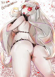  abyssal_ship airfield_princess ass blush commentary_request female glowing glowing_eyes hair_ornament highres horns kantai_collection long_hair looking_back okuva open_mouth red_eyes solo translated very_long_hair white_hair 