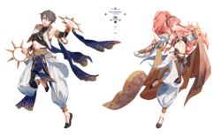  1boy bracelet bracer commentary_request dancer fajyobore female fire_emblem fire_emblem_awakening fire_emblem_heroes grey_eyes grey_hair inigo_(fire_emblem) inigo_(performing_arts)_(fire_emblem) jewelry long_hair looking_at_viewer mother_and_son olivia_(fire_emblem) olivia_(performing_arts)_(fire_emblem) pink_eyes pink_hair ponytail smile 