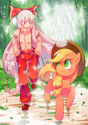  2girls applejack_(mlp) blonde_hair blush bow chinese_commentary collared_shirt commentary_request cowboy_hat crossover forest freckles fujiwara_no_mokou green_eyes hairbow hands_in_pockets hat highres large_bow long_hair multiple_girls my_little_pony my_little_pony:_friendship_is_magic nature pants photoshop_(medium) red_eyes shirt sidelocks smile sunlight touhou very_long_hair white_hair xin_yu_hua_yin 