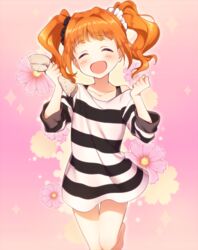  :&gt; bad_id bad_pixiv_id bare_legs bare_shoulders blush clenched_hand closed_eyes female floral_background hair_ornament hair_scrunchie idolmaster idolmaster_(classic) iwaoka_(sikabanenomiti_park) legs orange_hair rag scrunchie smile solo sparkle takatsuki_yayoi twintails wavy_hair 